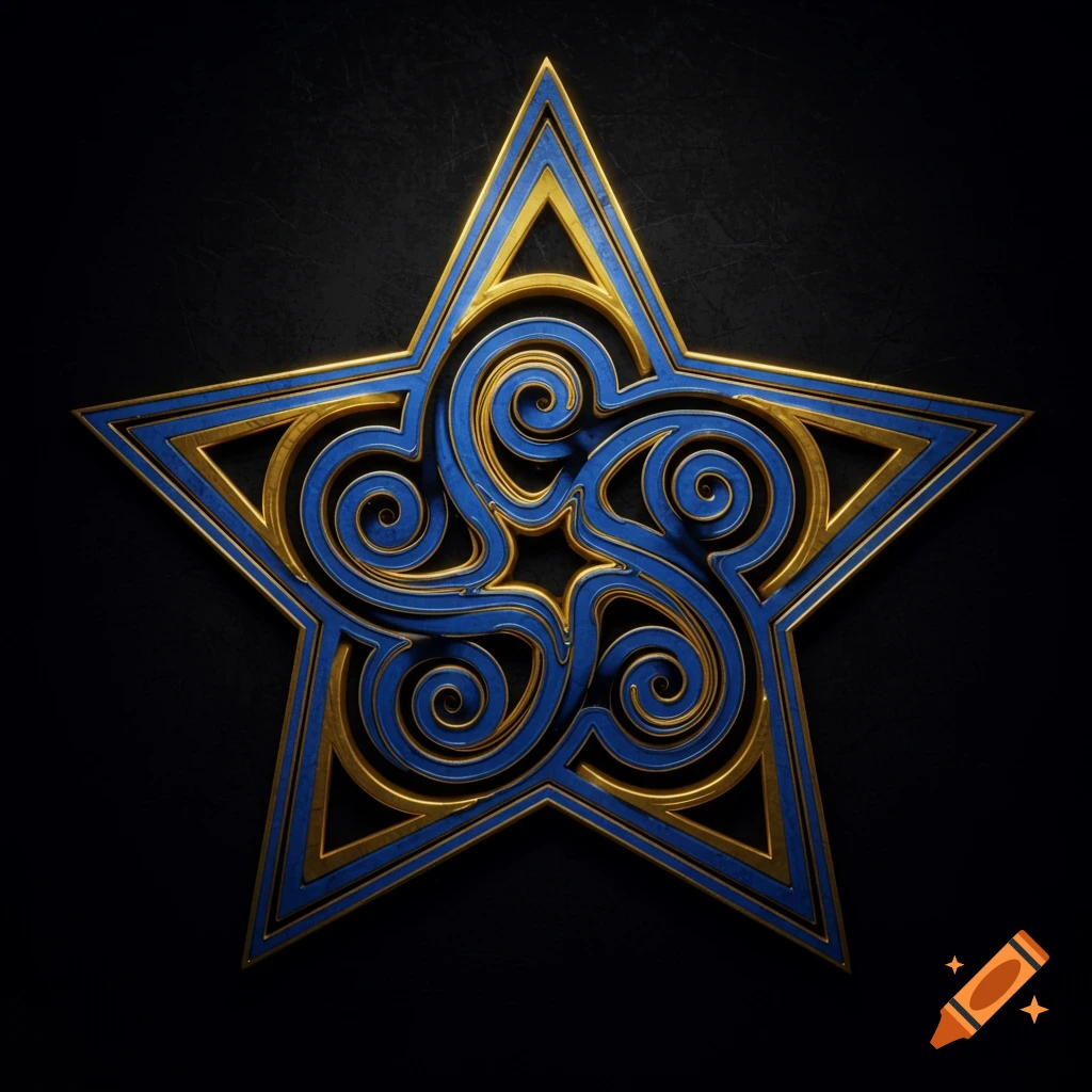 Blue and gold star symbol with swirling patterns on a dark background.