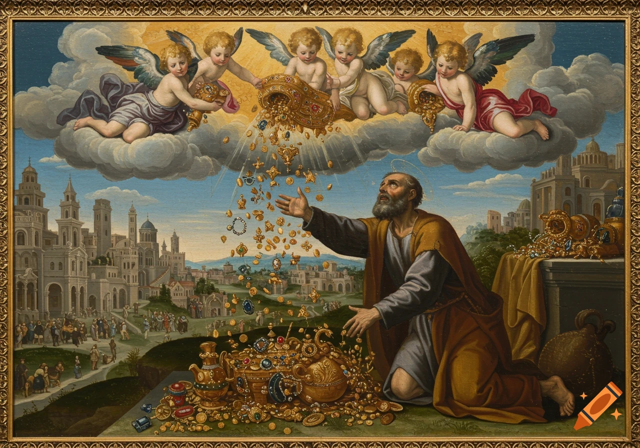 Renaissance painting of angels dropping treasure from clouds to a man kneeling before a city.