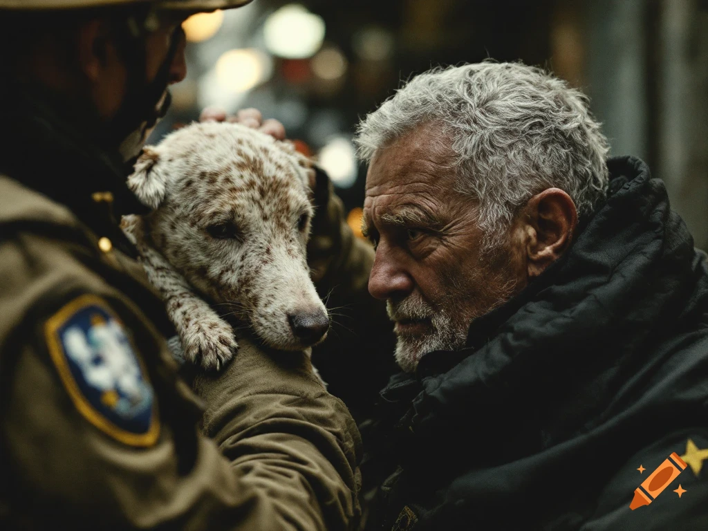 A person in uniform holds a spotted dog, looking at a bearded man.