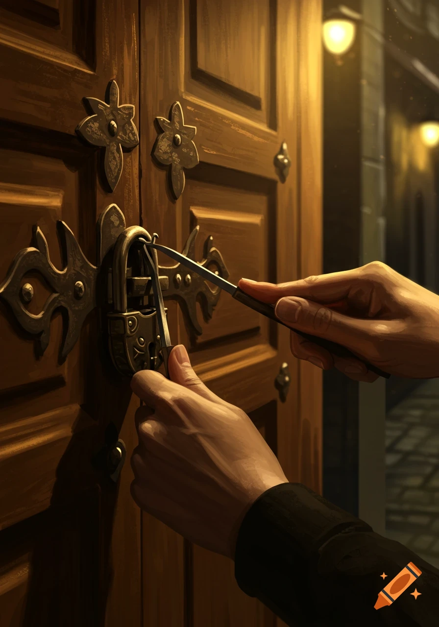 A close-up of two hands picking a lock on a wooden door.