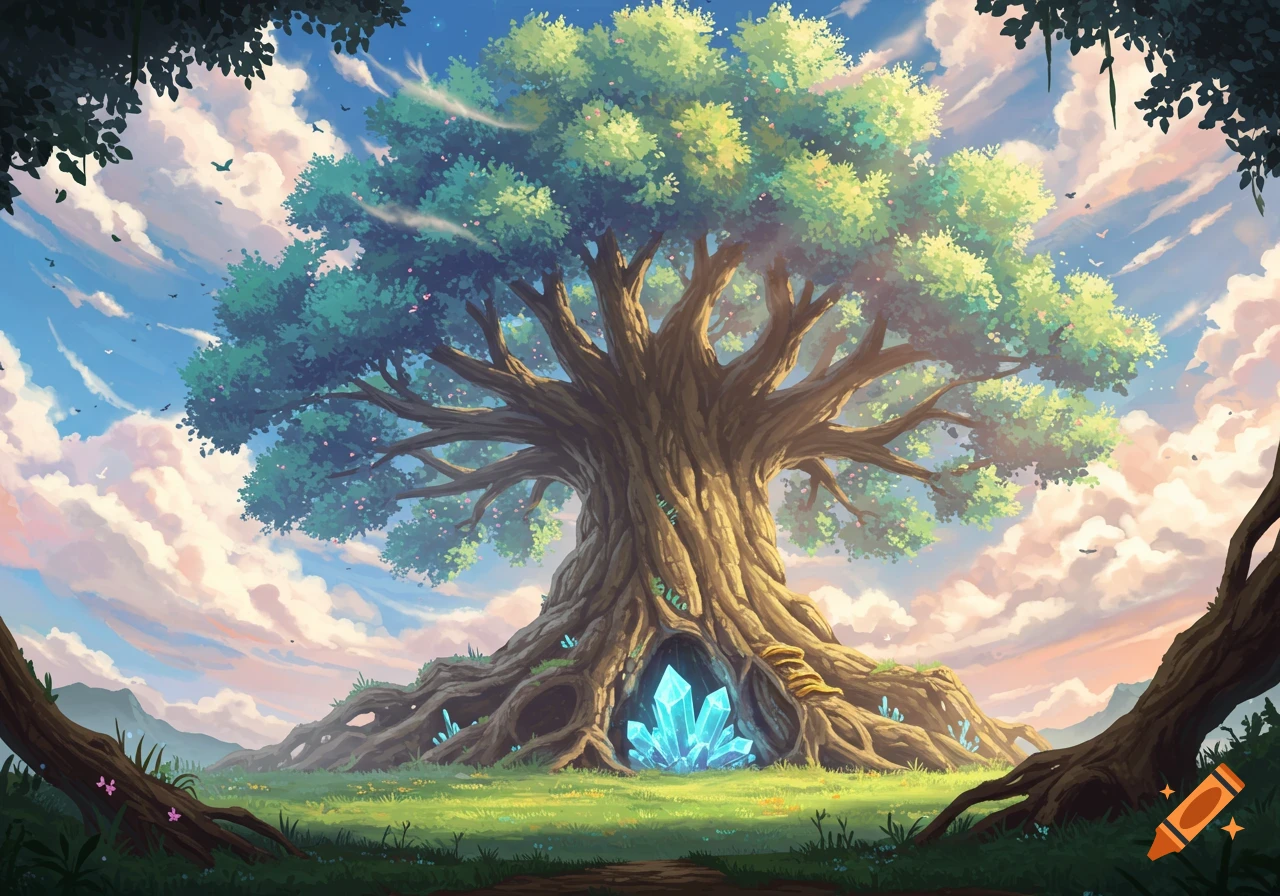 A large fantasy tree with glowing blue crystals at its base in a grassy field.