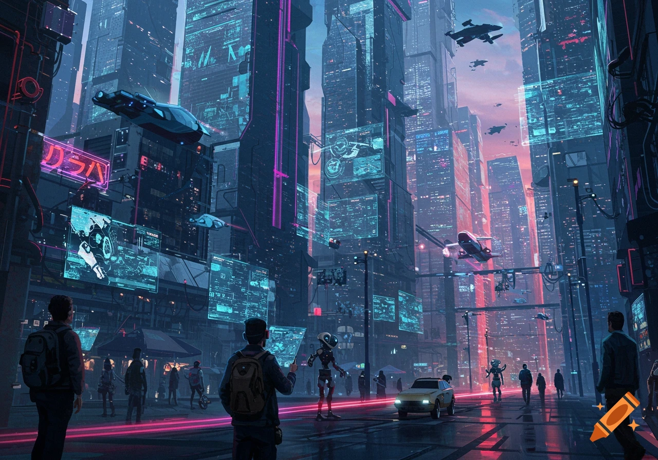 A futuristic city street with tall buildings, flying vehicles, pedestrians, and neon lights.