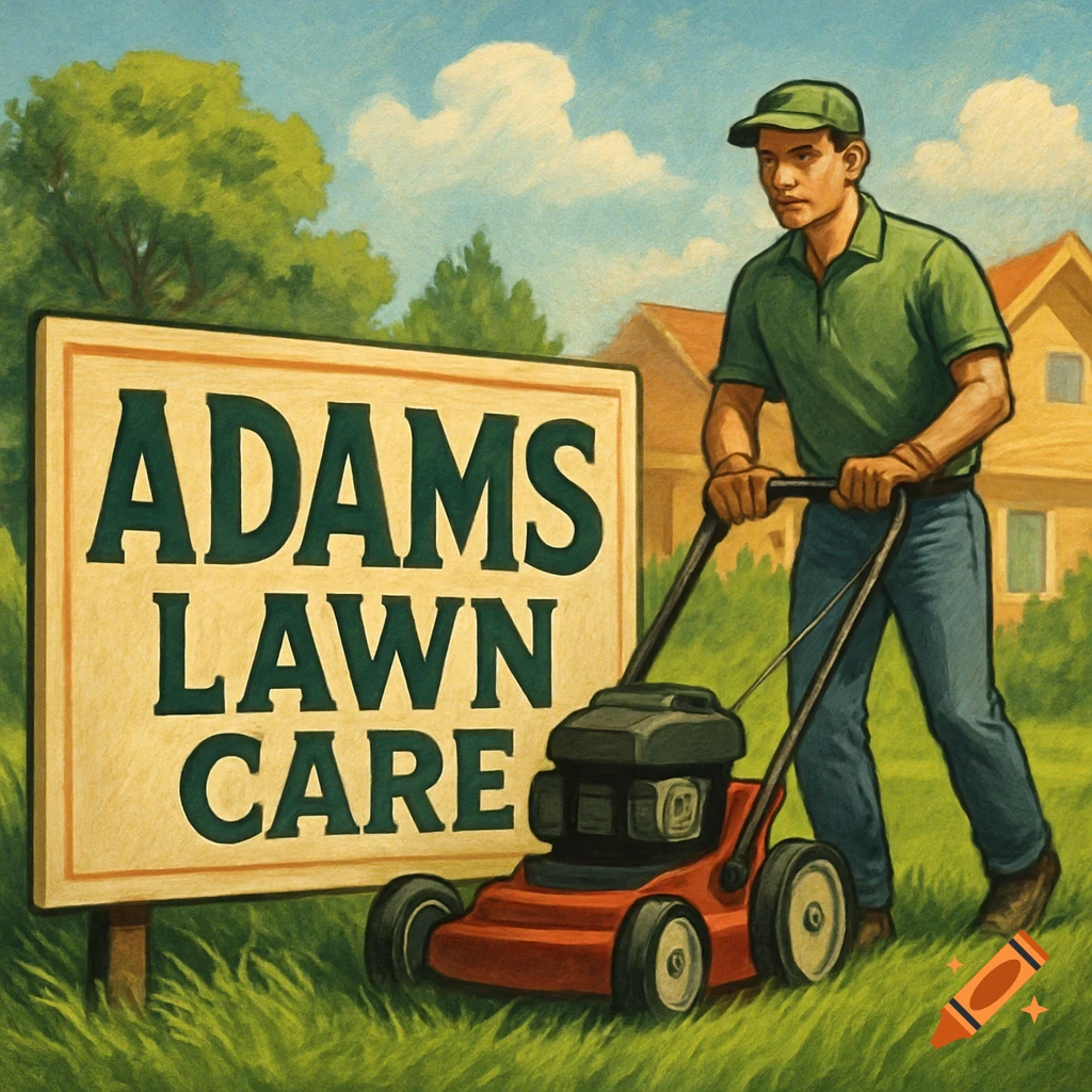 A man is mowing a lawn next to an Adams Lawn Care sign.