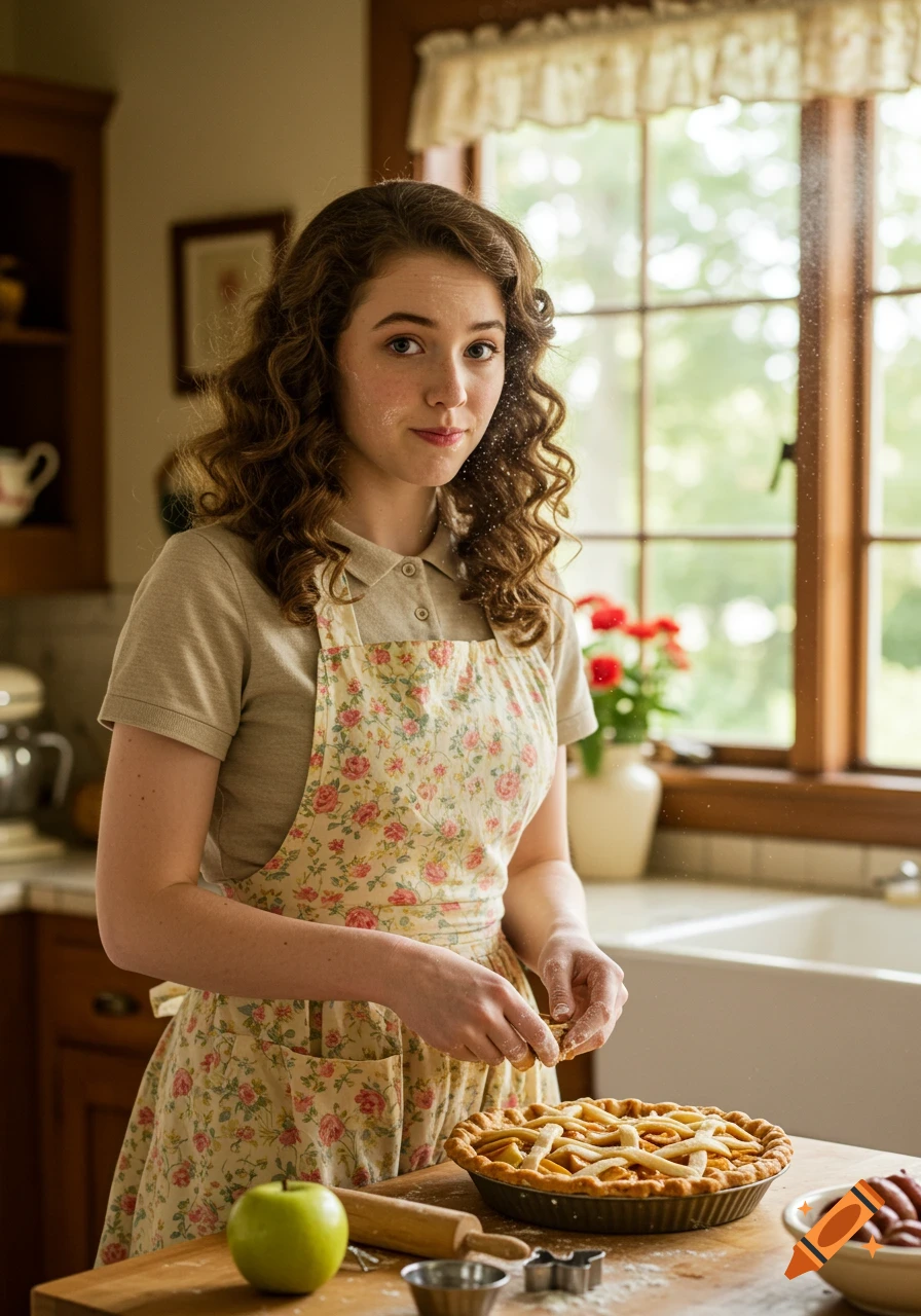 Young woman in a kitchen making an apple pie, with flour on her face, wearing a floral apron.