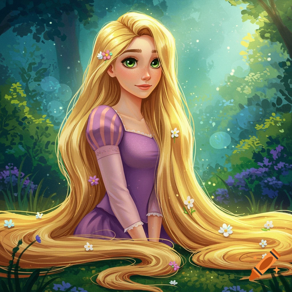 Rapunzel with long golden hair in a magical forest.
