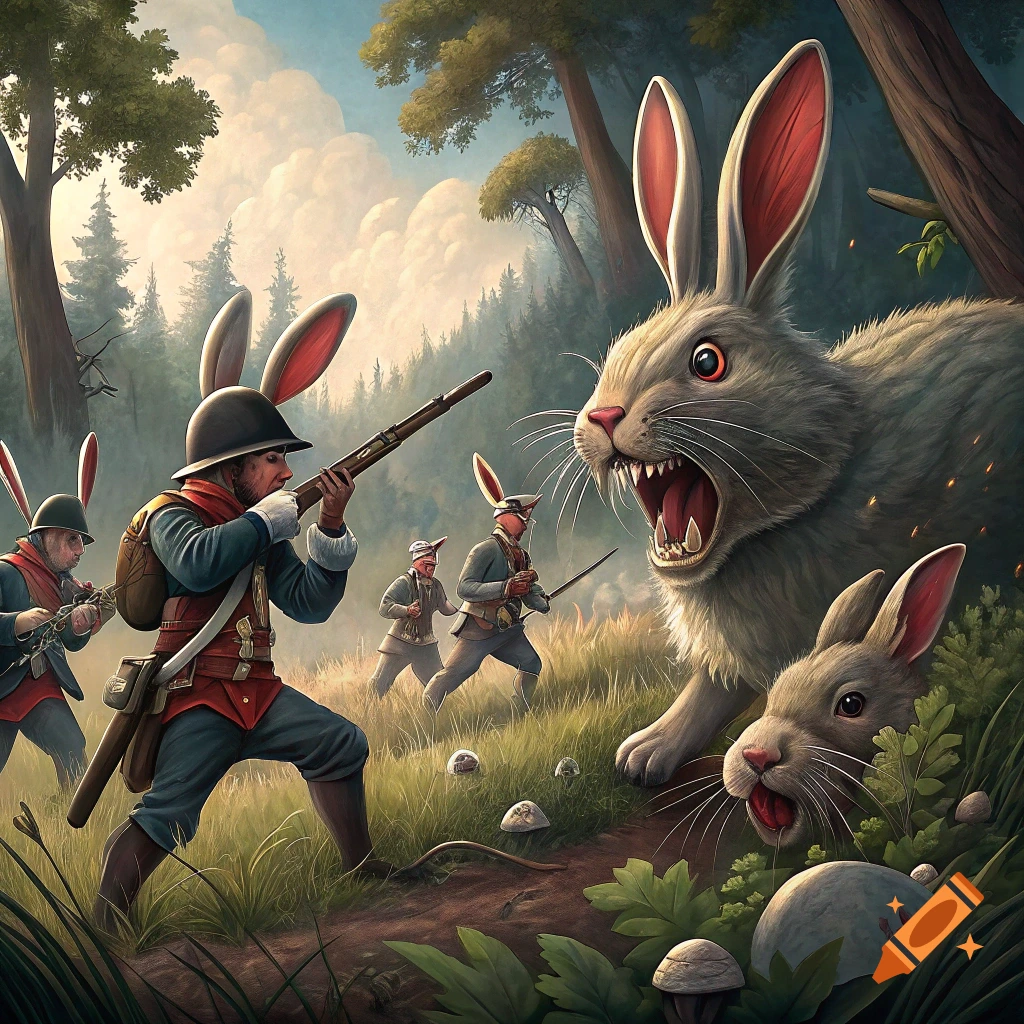 Soldiers with rabbit ears battle giant rabbits in a forest clearing.
