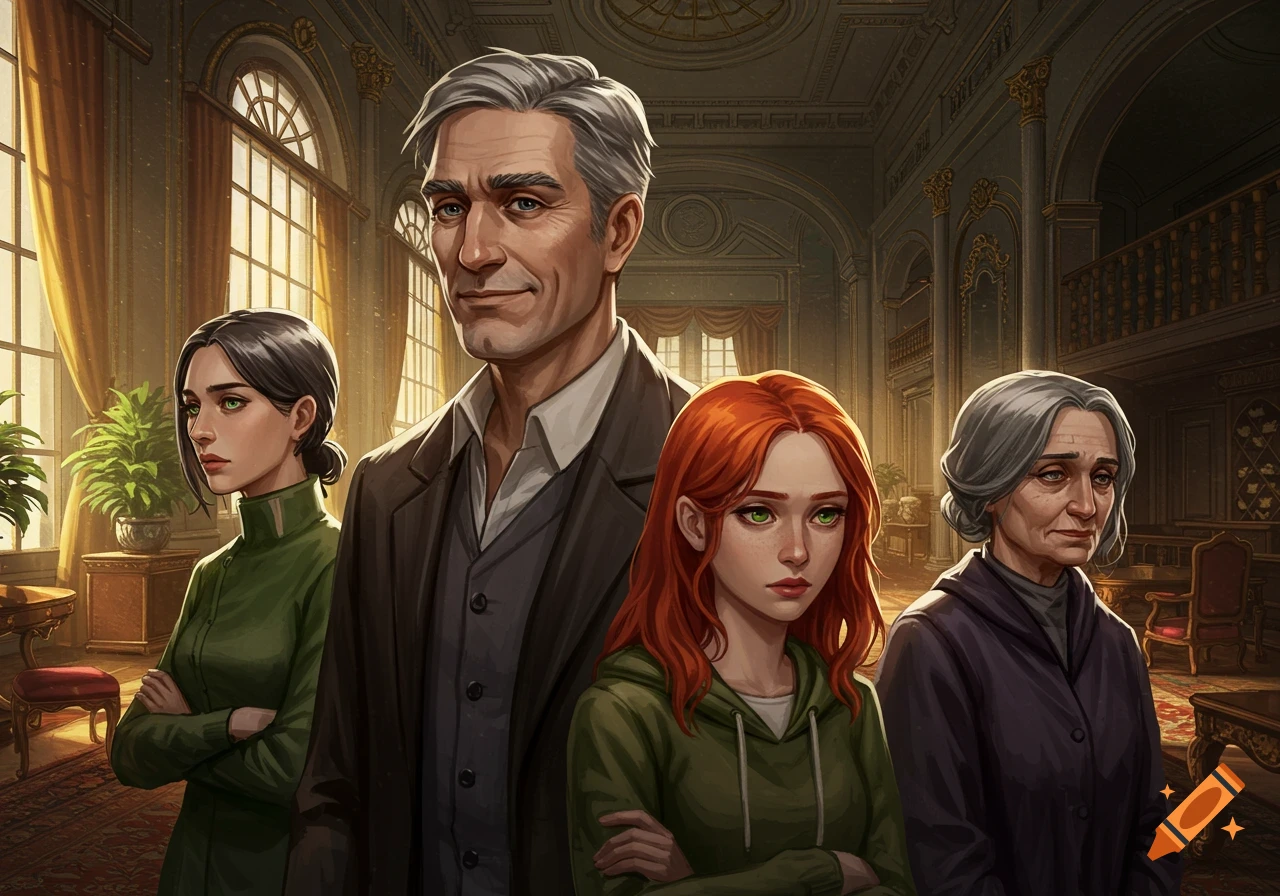 Four people stand in a grand mansion room.