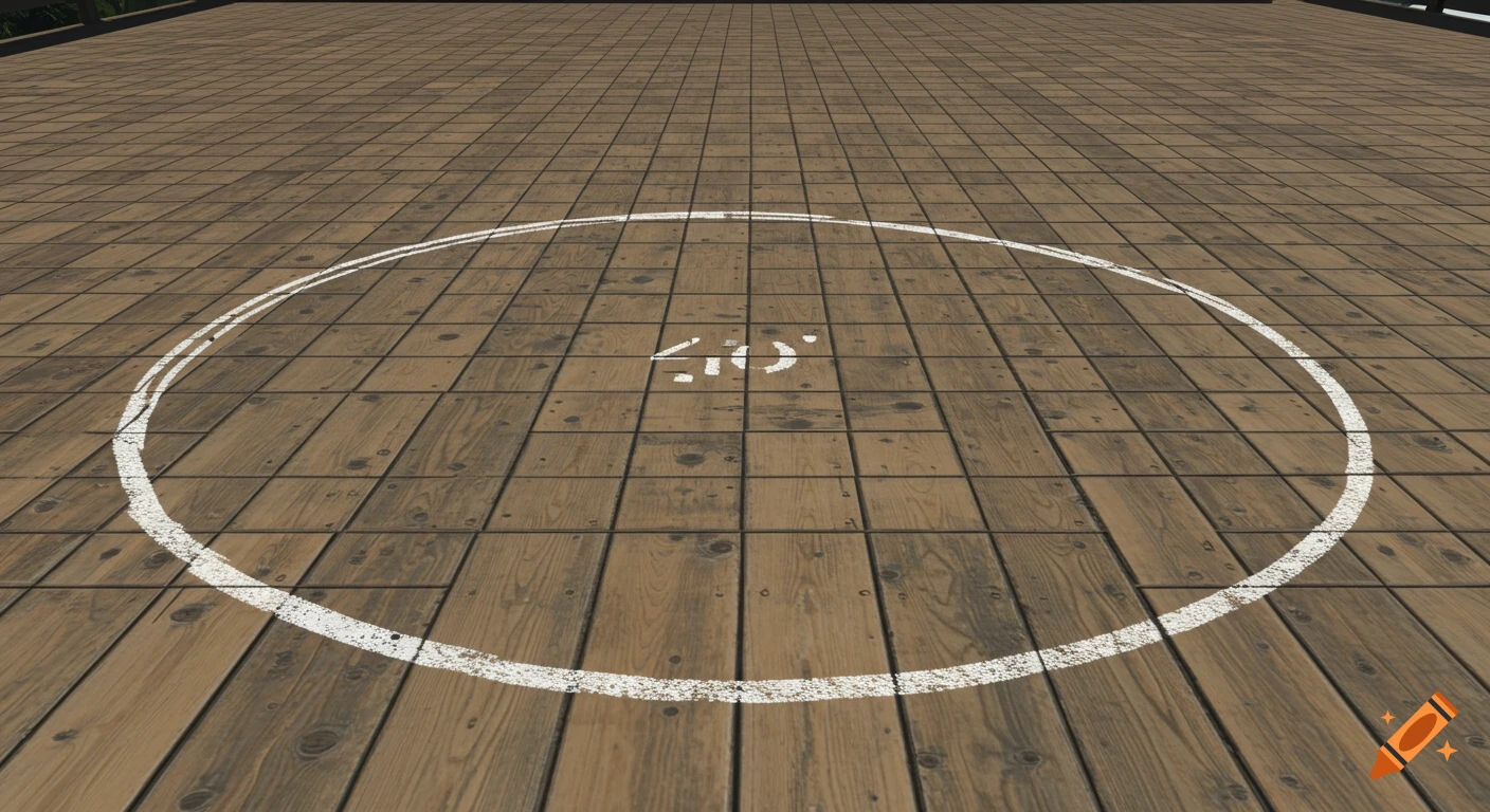 A white circle painted on a wooden deck floor with distorted text inside the circle.