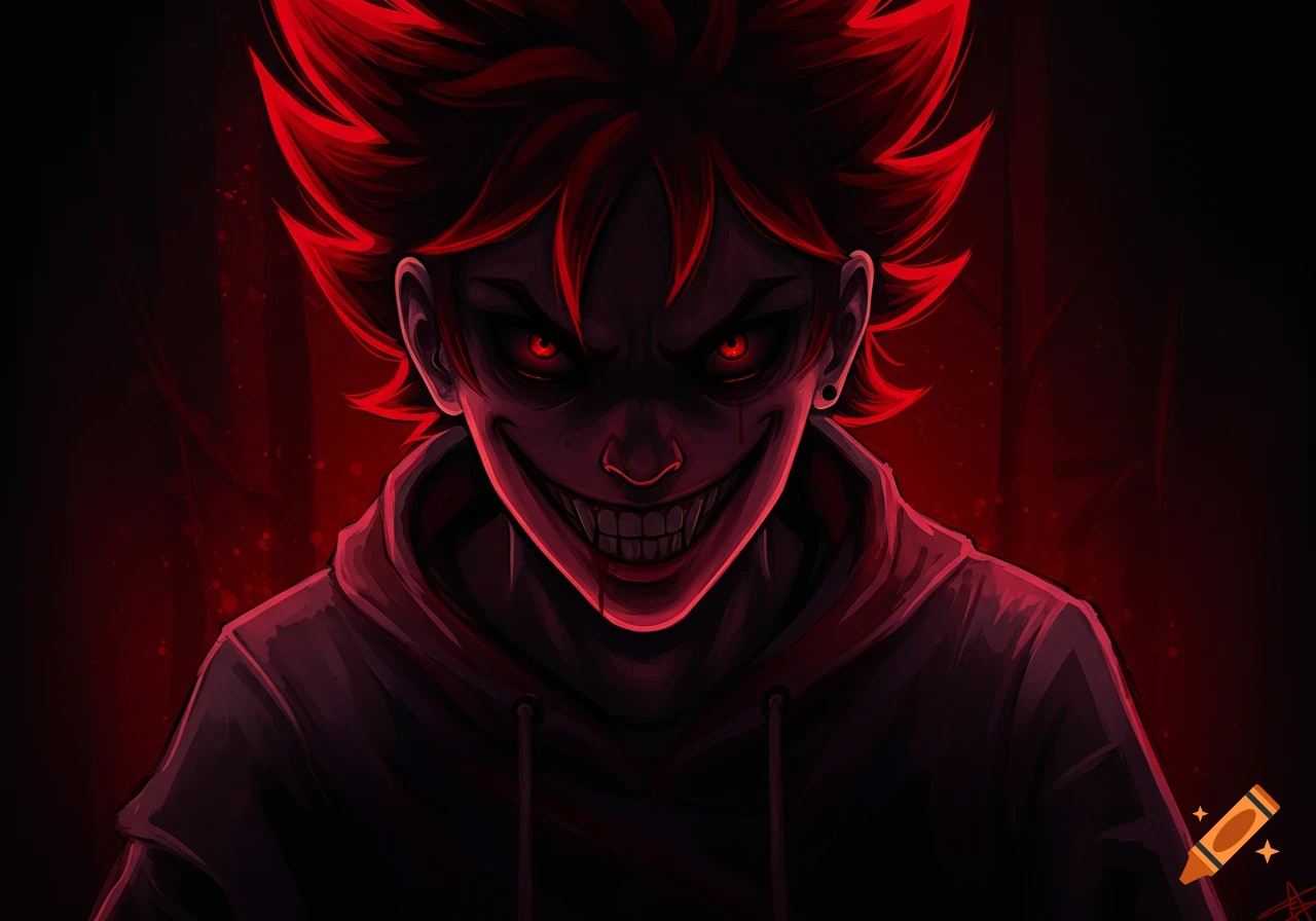 A character with red hair, glowing red eyes, and a wide creepy smile with sharp teeth, in a dark setting.