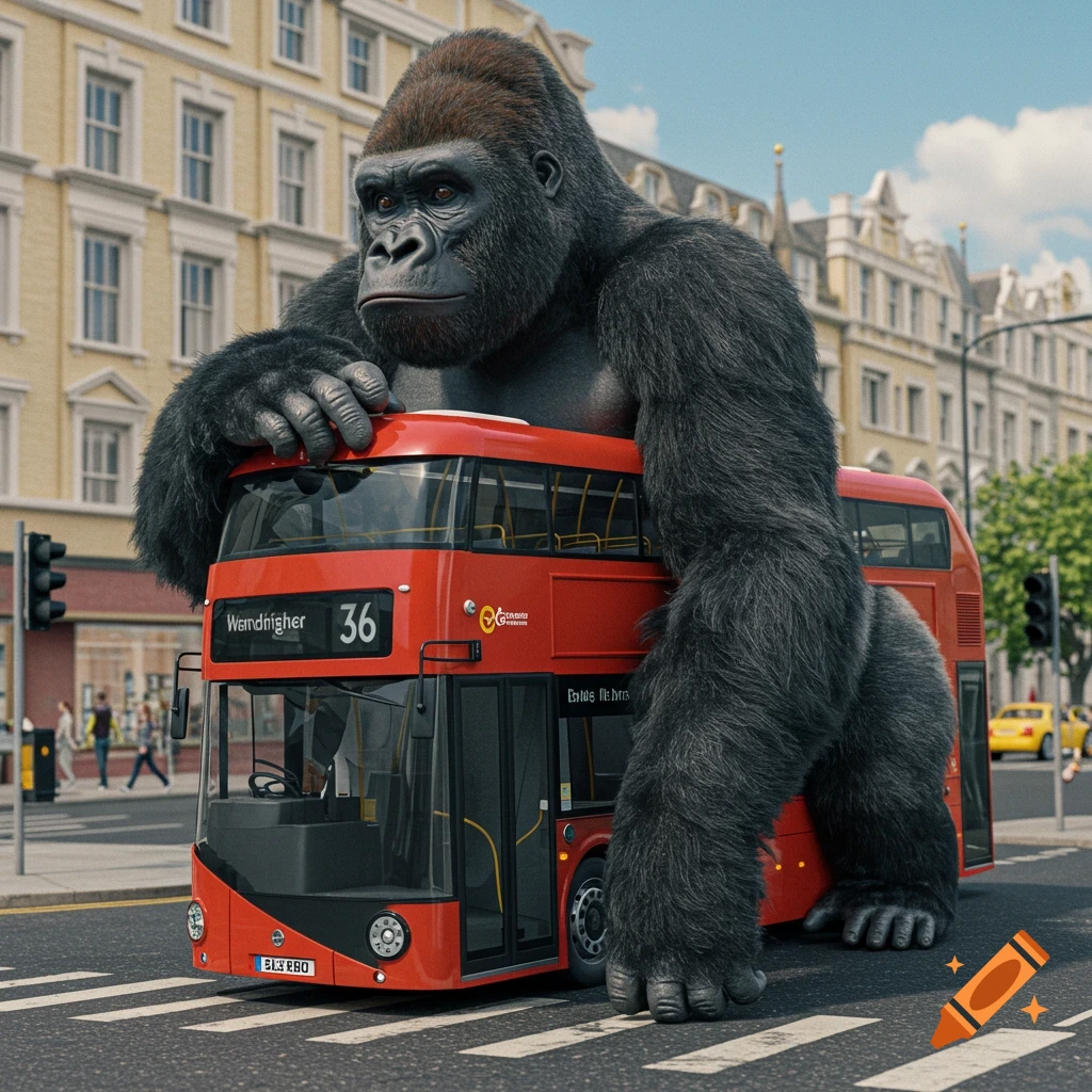 A massive gorilla leans on a red double-decker bus in a city street, 3D realistic style.