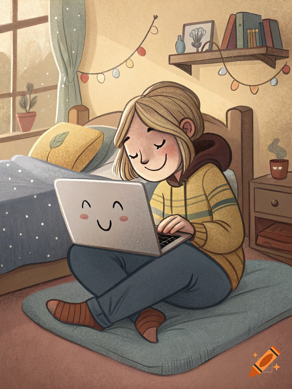 Illustration of a young woman working on a laptop in a cozy bedroom.