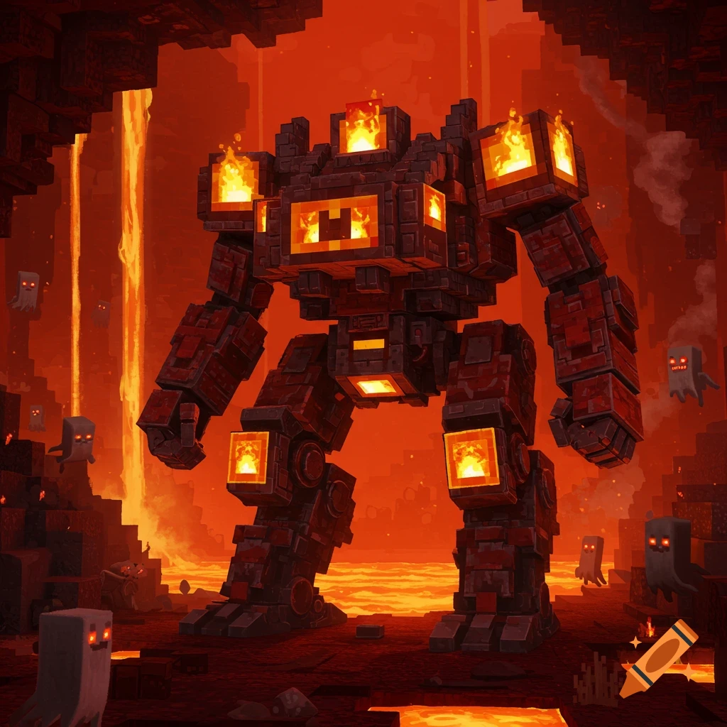A large blocky fire mech stands in a Minecraft Nether scene with lava and ghasts.