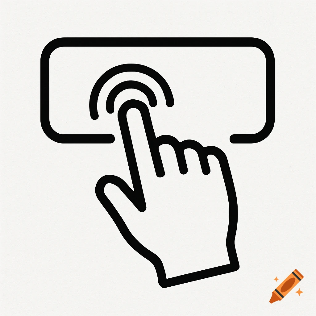 Line art icon of a hand touching a button or screen.