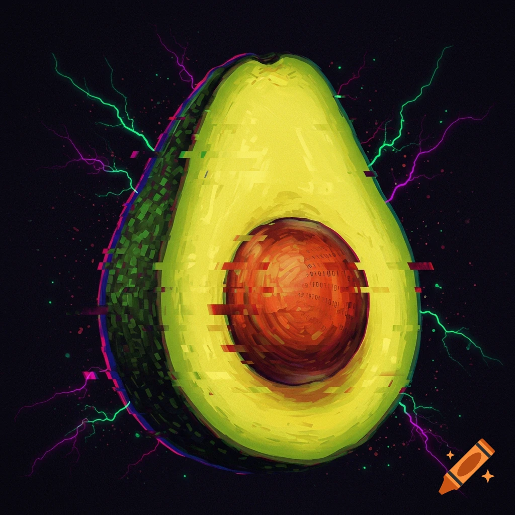 A glitchy avocado with binary code in the pit and surrounding lightning.