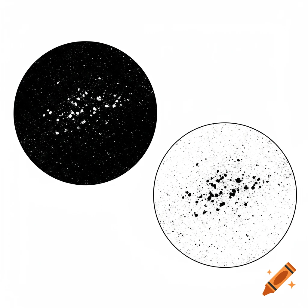 Two circles on a white background. One is black with scattered white dots, the other is white with scattered black dots.
