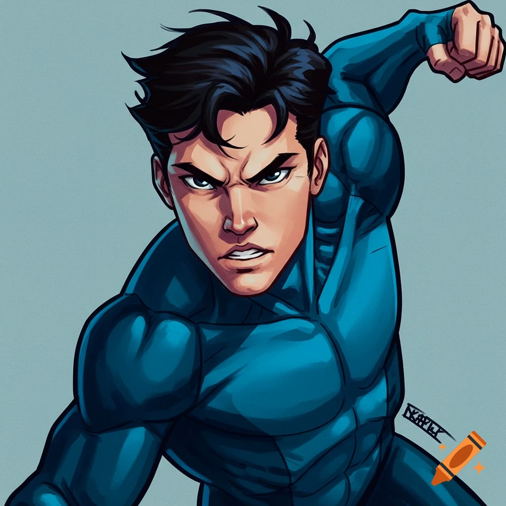 A muscular young man in a blue suit with dark hair, looking intensely.