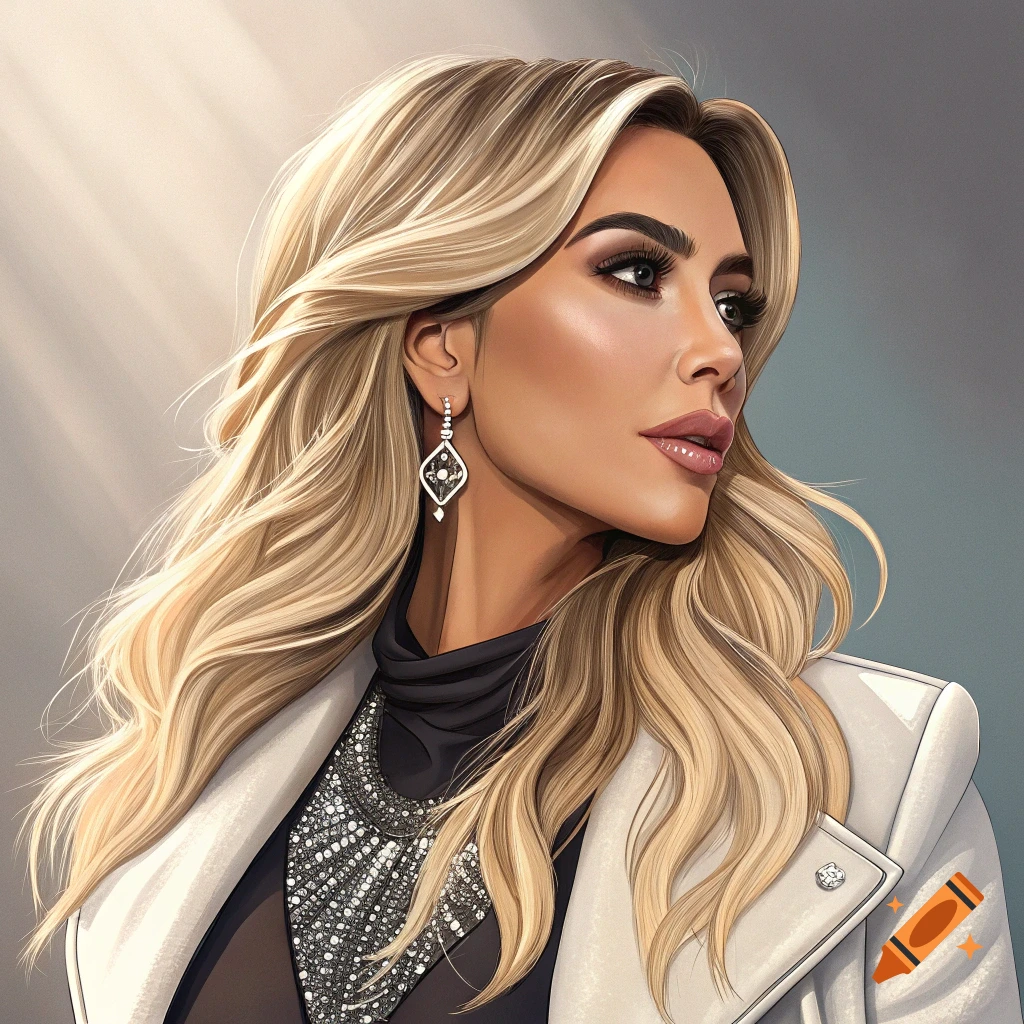 Stylized portrait of a woman with long blonde hair, wearing a sparkly black top and a white jacket, looking to the side.