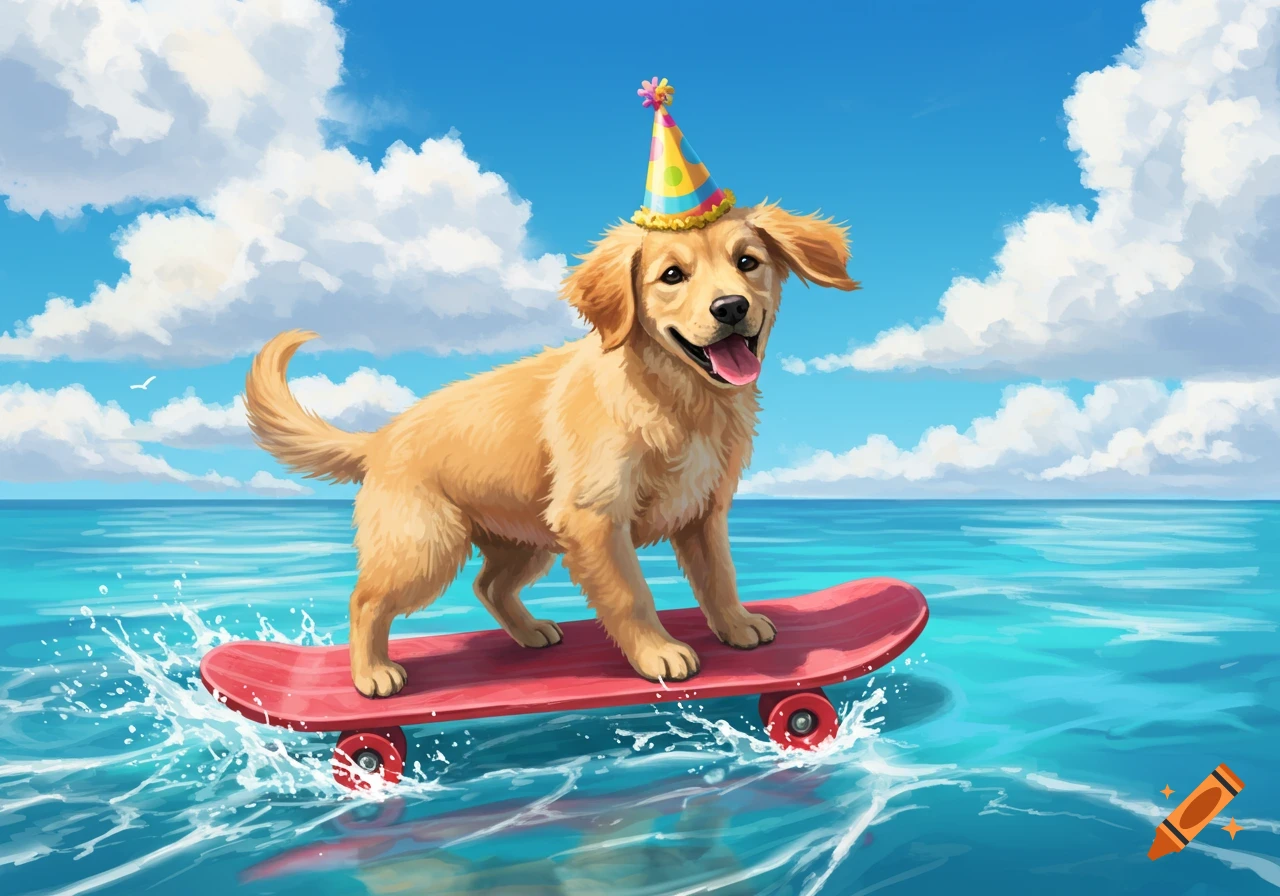 A golden retriever puppy with a party hat rides a skateboard on the ocean.