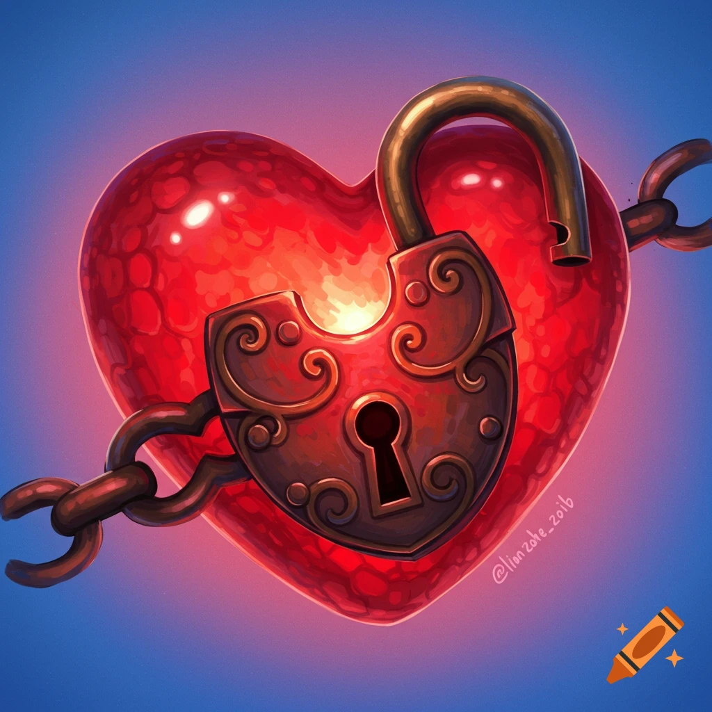 A glowing red heart with an open bronze lock and chains around it.