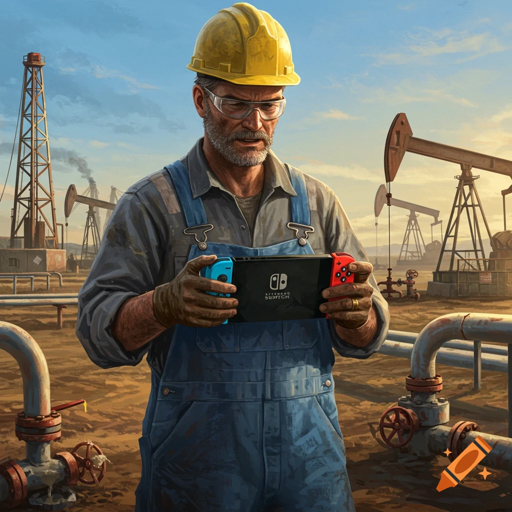 An oil field worker is playing a handheld video game device amidst oil rigs.