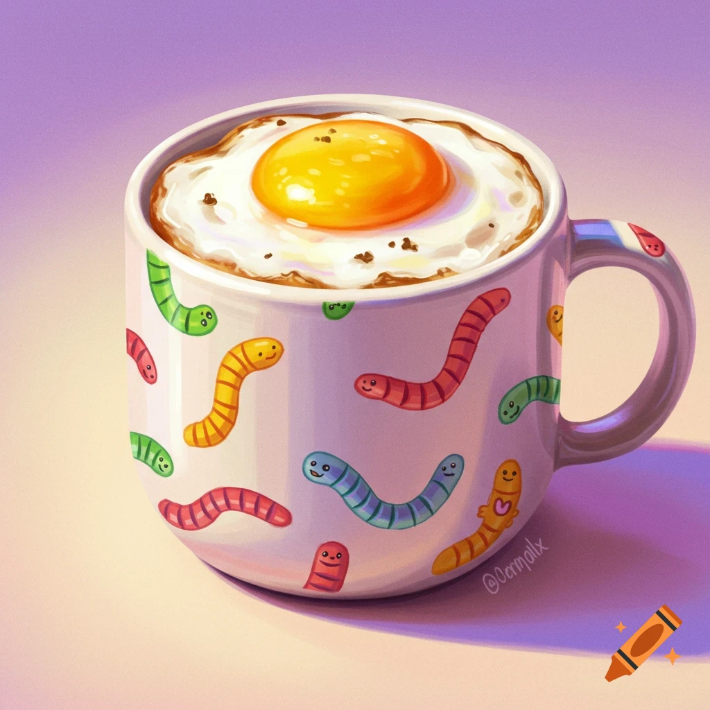 A mug with a fried egg and a colorful worm pattern