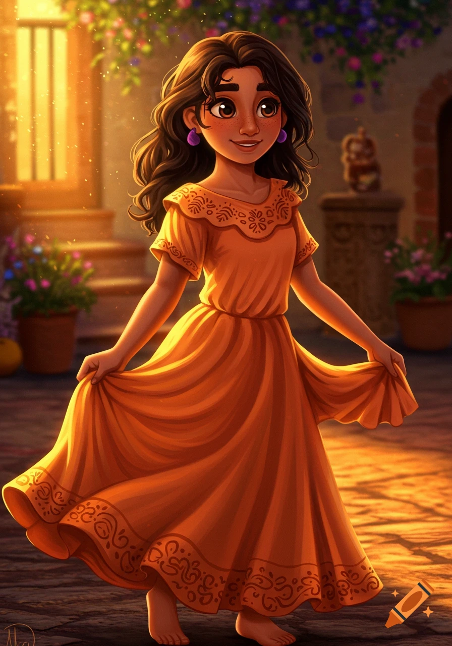 A cartoon girl with dark hair wearing an orange dress