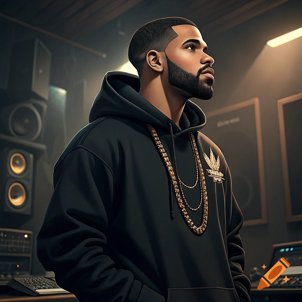 A man wearing a black hoodie and gold chains in a music studio.