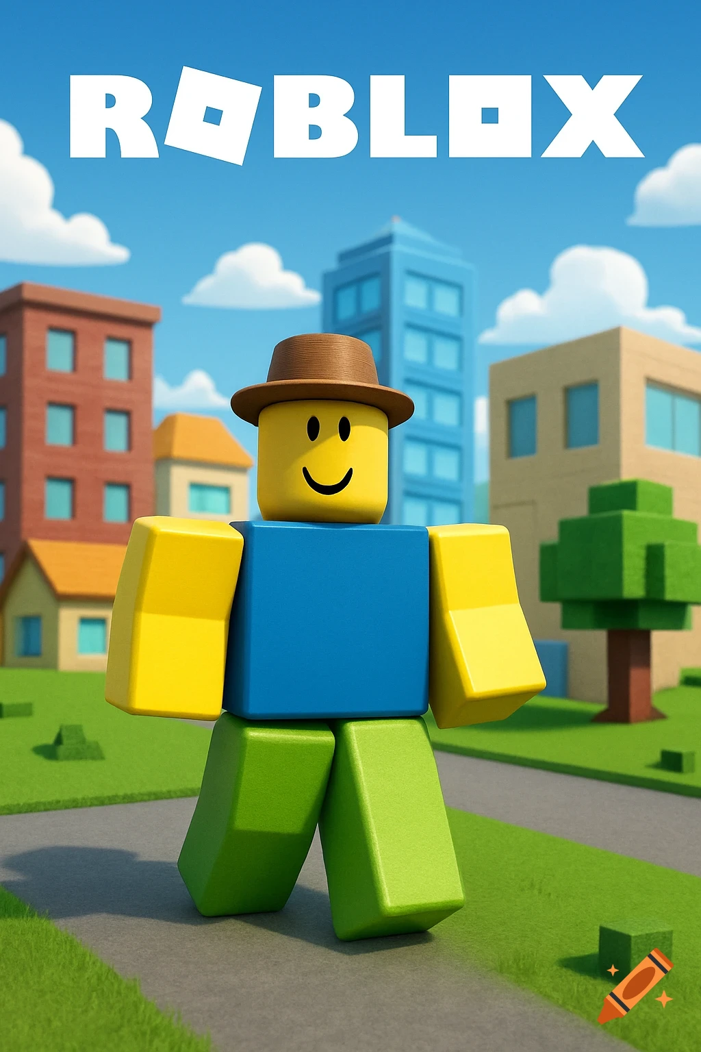 Roblox character stands in a blocky city street with the logo above.
