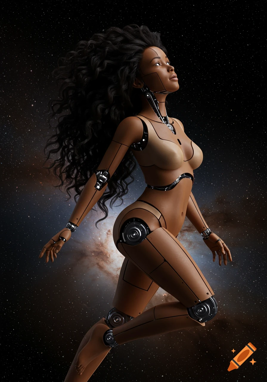 A cyborg girl with long black hair floats in space.