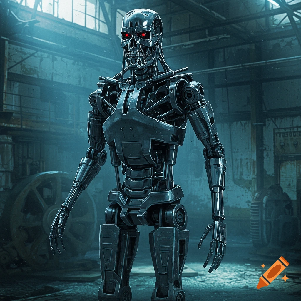 A Terminator T-800 endoskeleton stands in a dim industrial building.