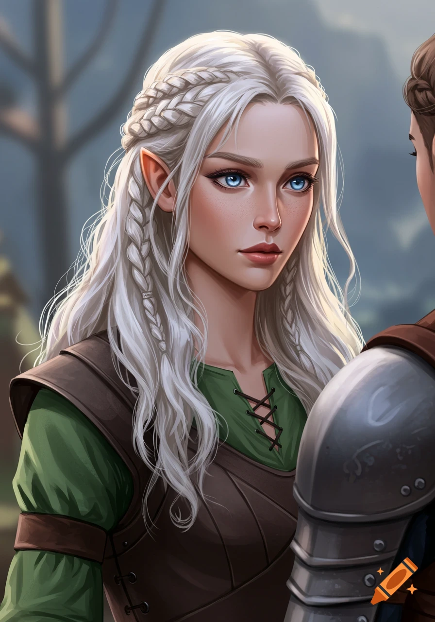 Digital art portrait of an elven woman with white braids and blue eyes in fantasy armor