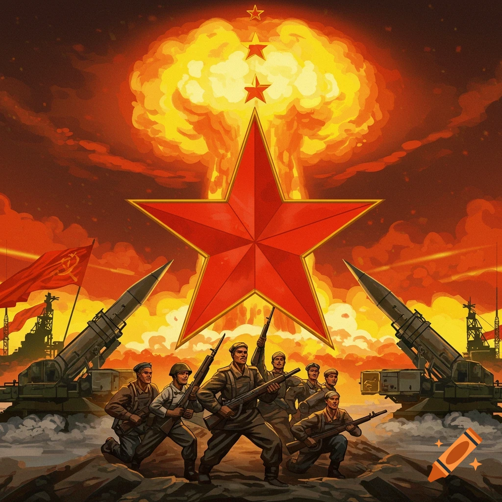 Soviet soldiers and missiles in front of a nuclear explosion and large red star. A Soviet flag flies.
