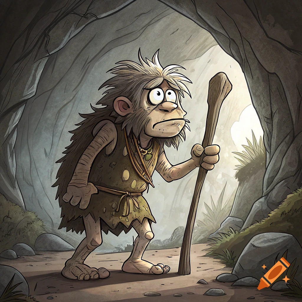 A cartoon caveman stands in the entrance of a cave, holding a club and looking surprised.