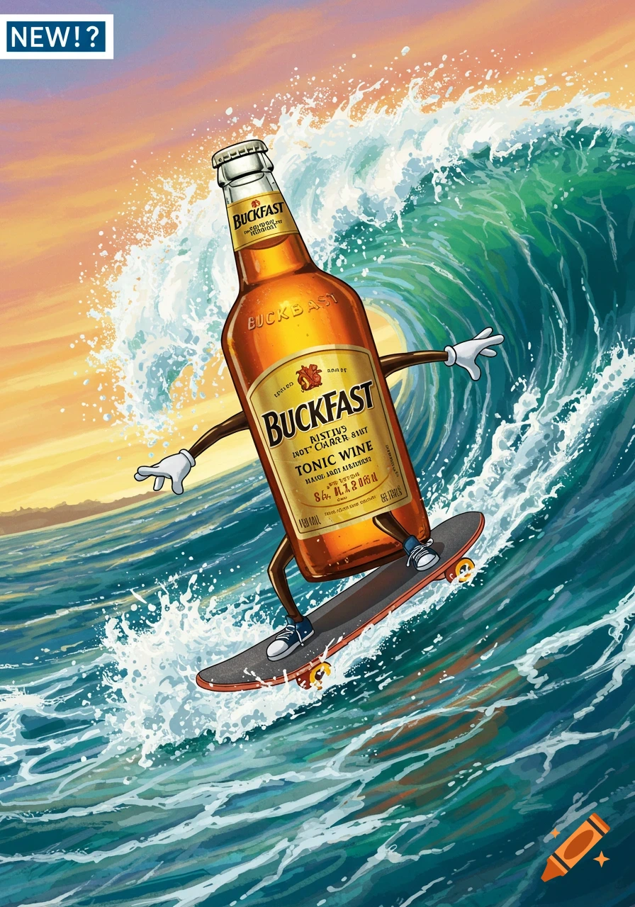 Illustration of a Buckfast bottle with arms and legs skateboarding on a wave at sunset.