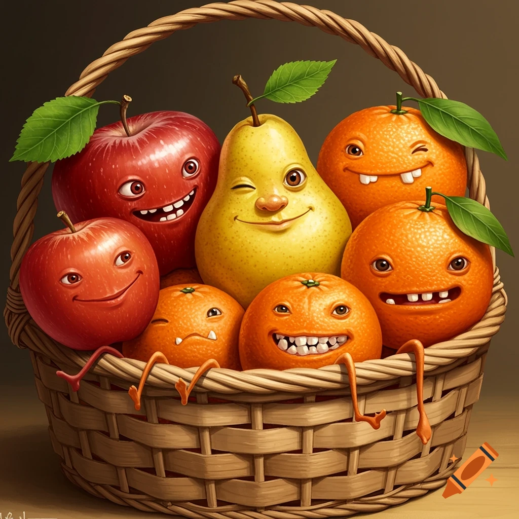 Whimsical cartoon apples, pears, and oranges with faces and legs in a basket.