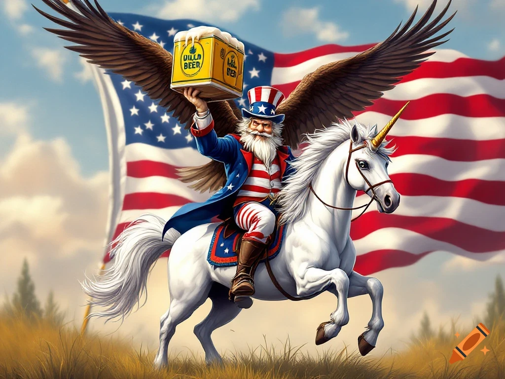 Cartoon Uncle Sam rides a unicorn while a bald eagle carries beer overhead, with a large American flag behind them.