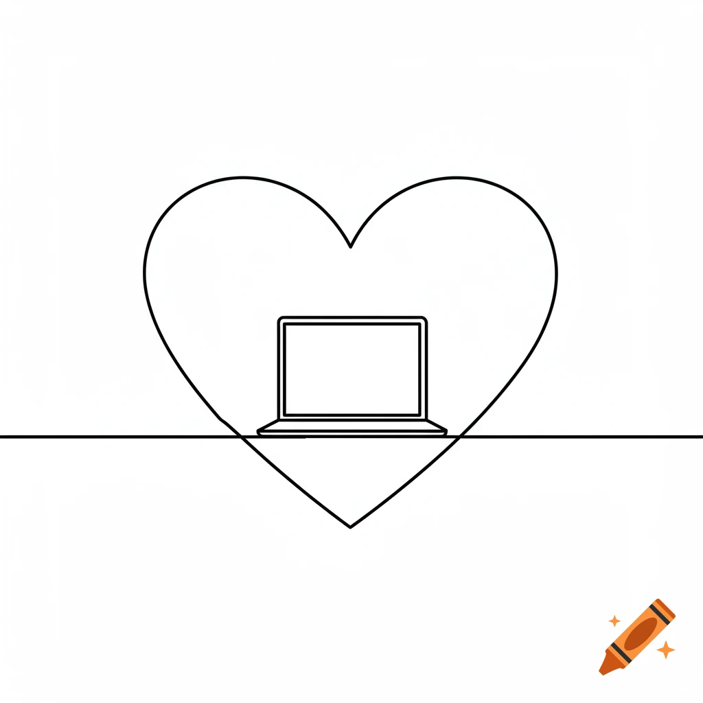 Minimalist black and white line drawing of a laptop inside a heart.