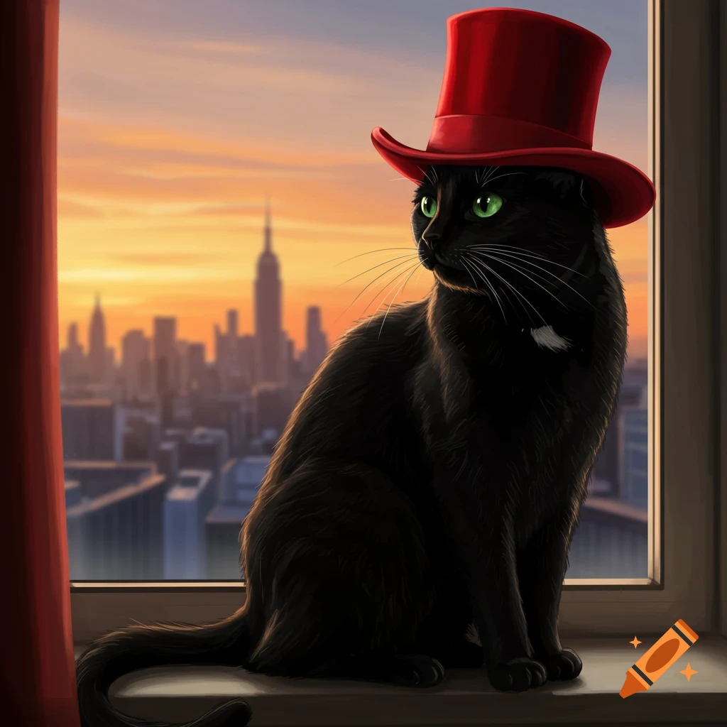 A black cat wearing a red top hat sits on a window ledge overlooking a city skyline at sunset.