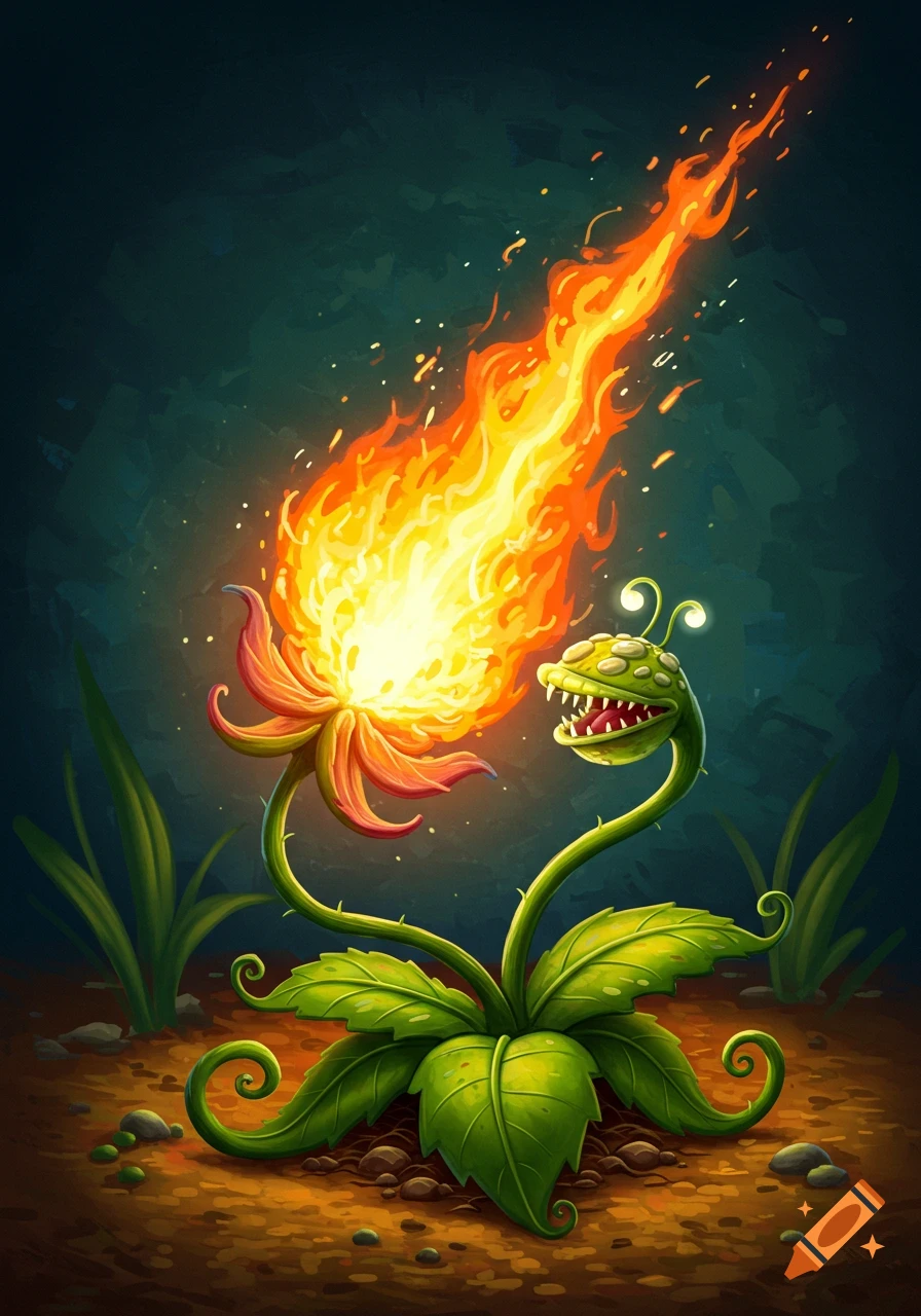 A cartoonish green plant creature breathing a stream of fire.