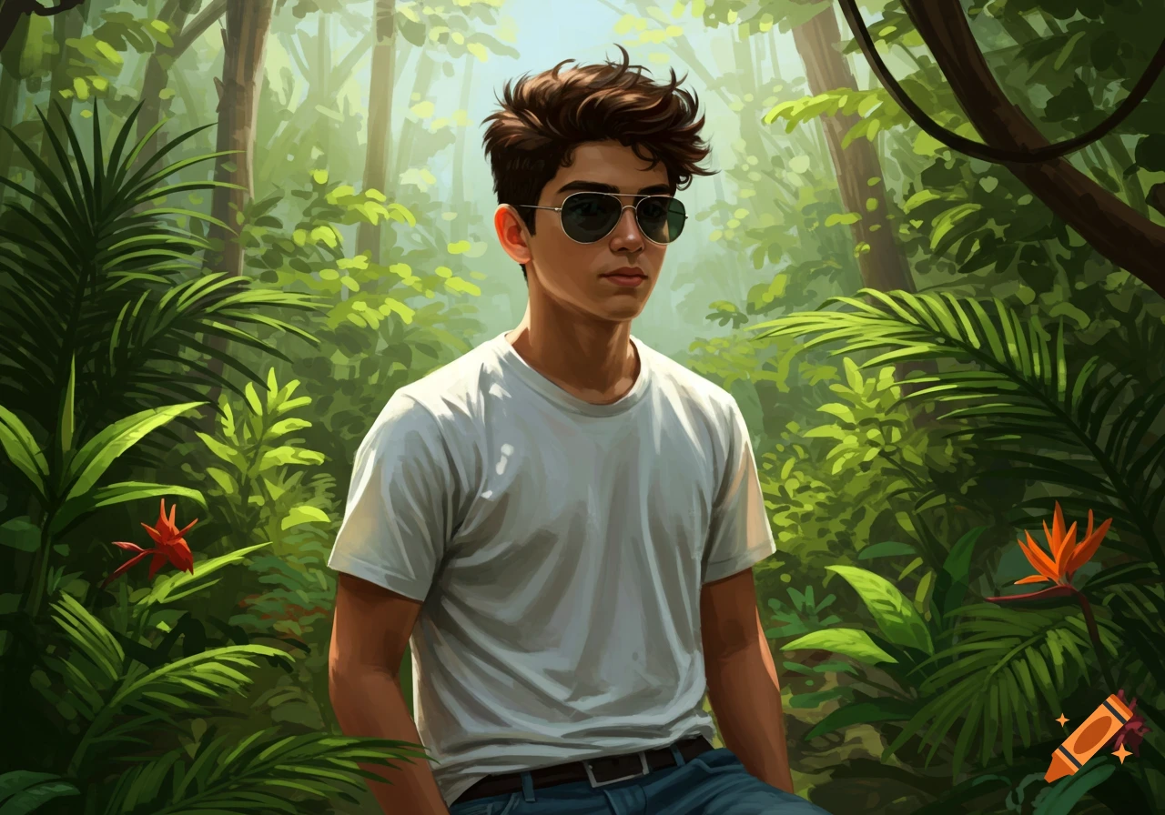 A young man wearing sunglasses and a white t-shirt in a jungle.