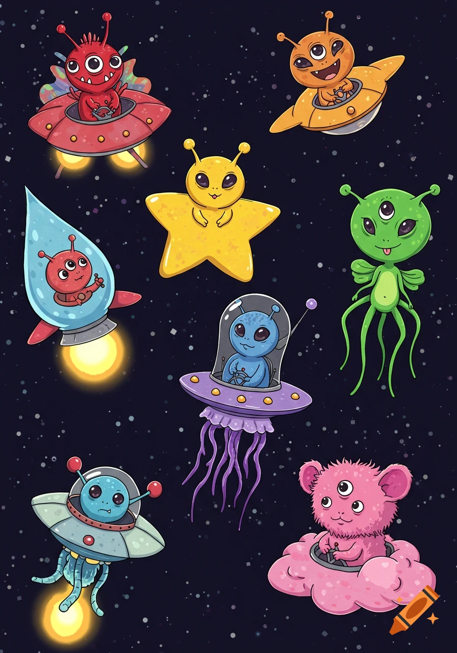 Cute cartoon aliens in various spaceships floating in starry space.