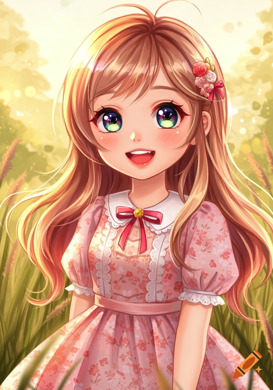 Anime portrait of a girl in a pink dress standing in a meadow.