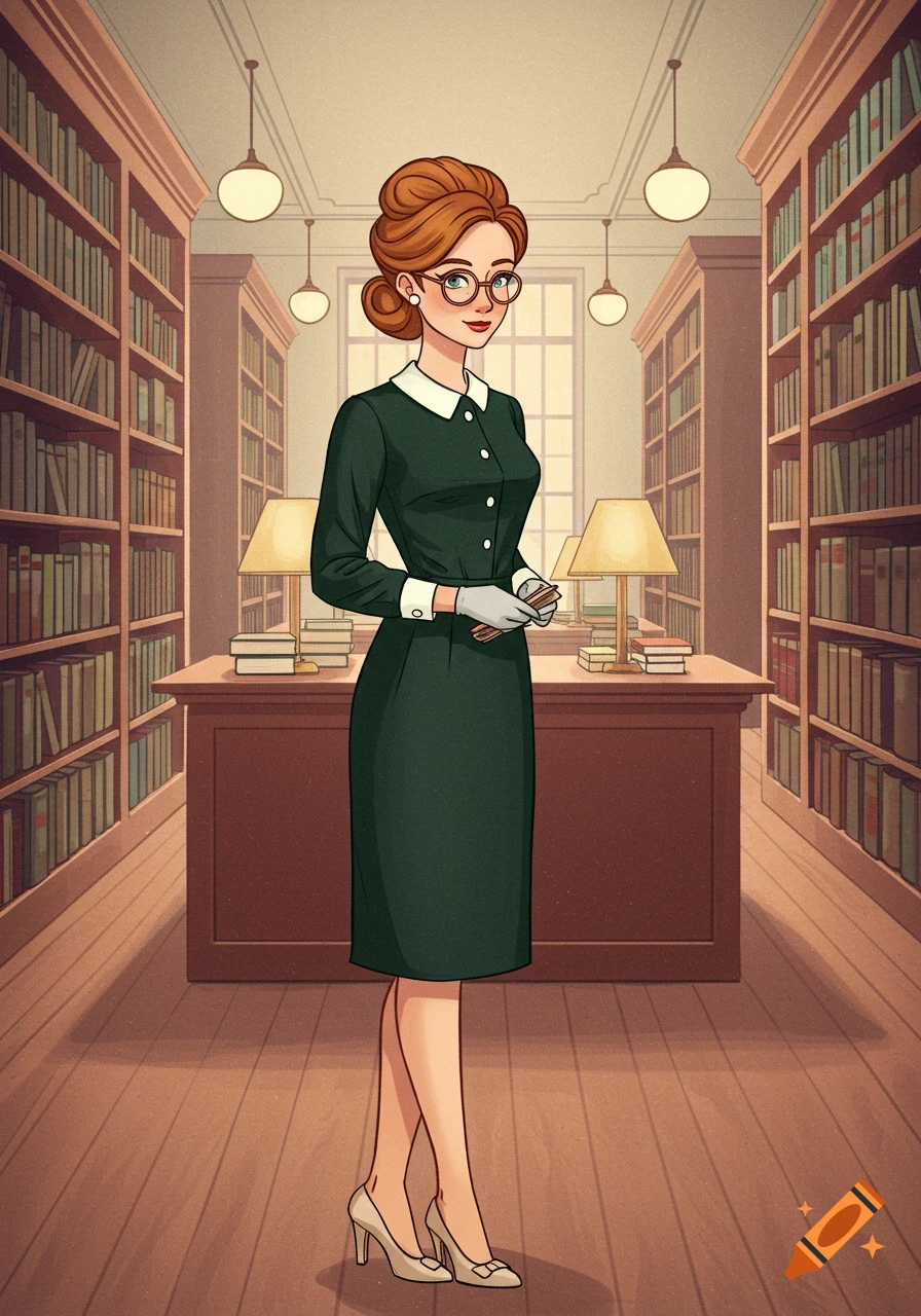 A woman dressed as a 1960s librarian standing in a library.