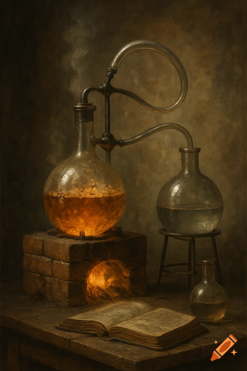 An old alchemy distillation apparatus with flasks, tubing, a fire, and an open book.