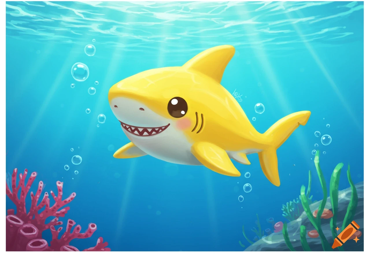 A cute cartoon yellow shark swims underwater among coral and bubbles.
