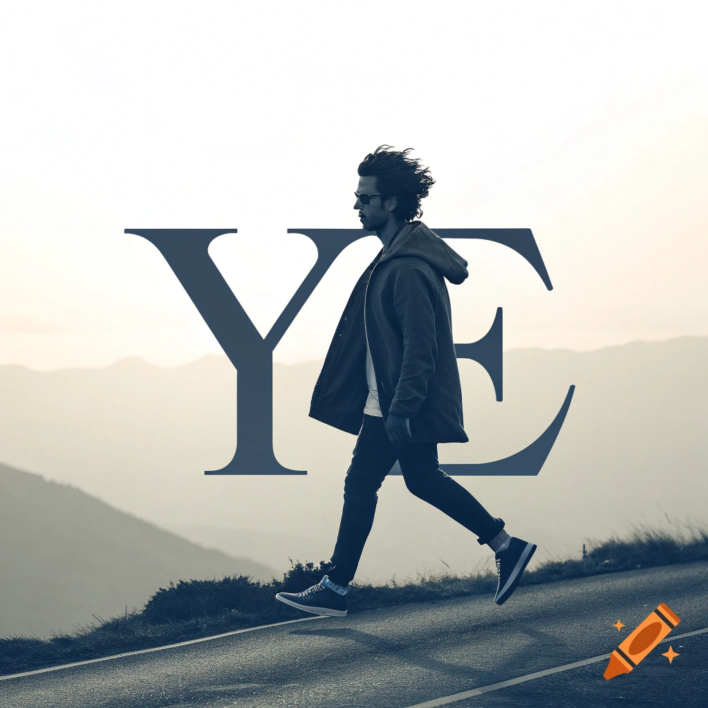 A man walks on a road in the mountains with large text 'YE' superimposed over the landscape.