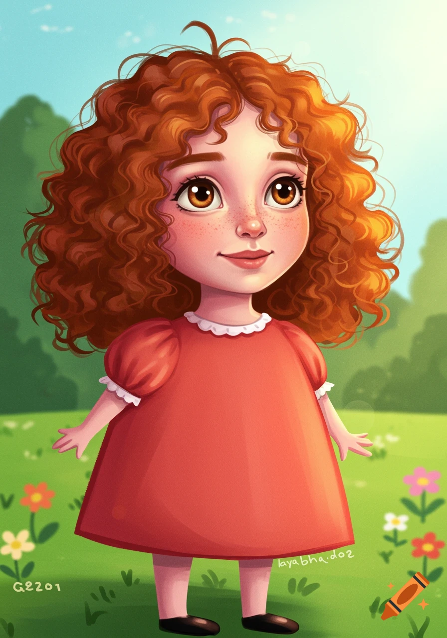 Cartoon girl with red curly hair and freckles in a red dress stands in a sunny garden.