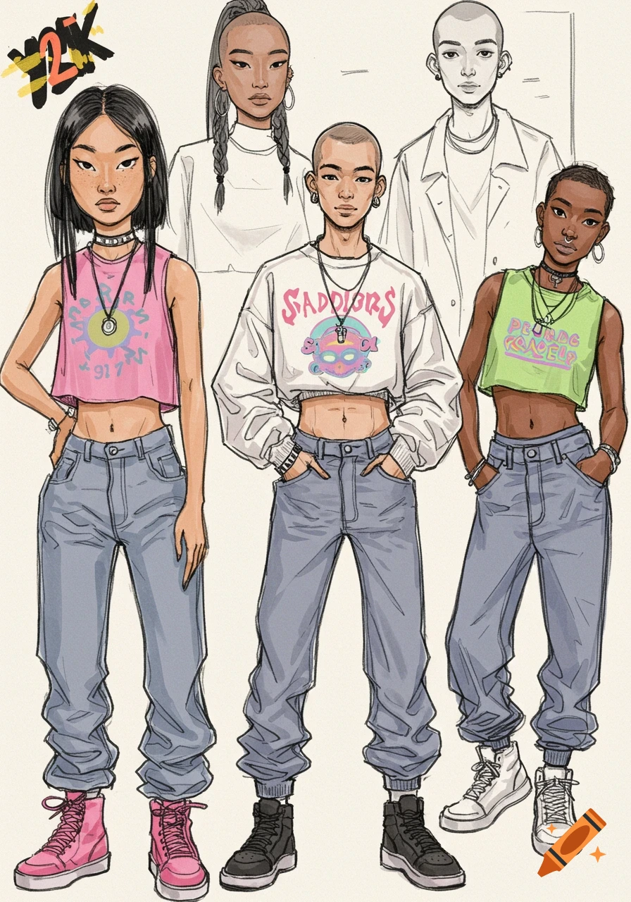A rough sketch illustration of four models wearing Y2K-style fashion including crop tops, baggy jeans, and chunky shoes.