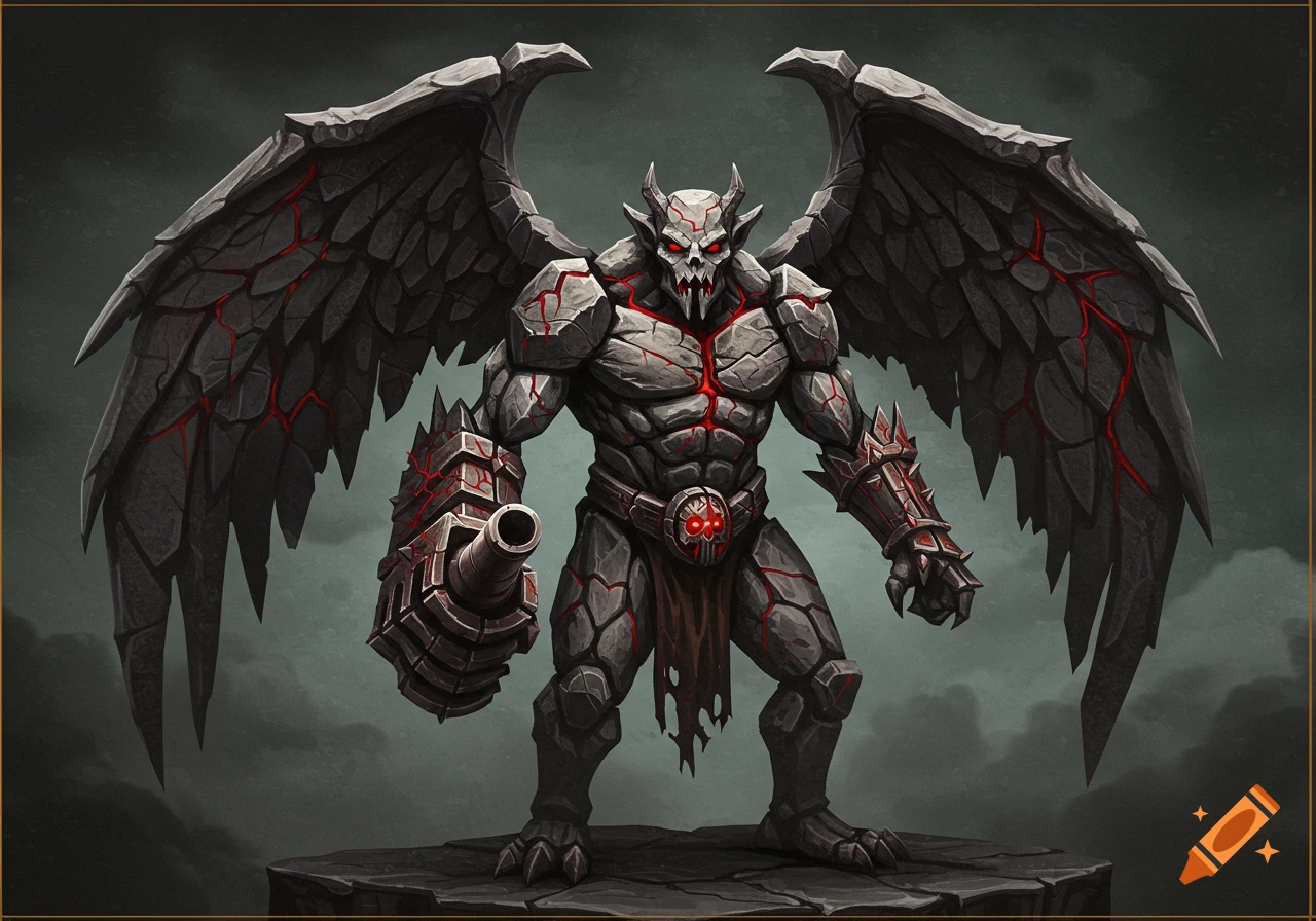 A stone gargoyle with large wings, red cracks, and a cannon arm.