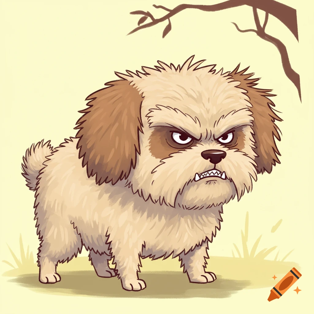 A cartoon illustration of an angry-looking Shih Tzu dog.